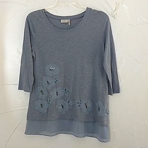 LOGO Lori‎ Goldstein Womens Small Top Floral Applique Beads Sequins